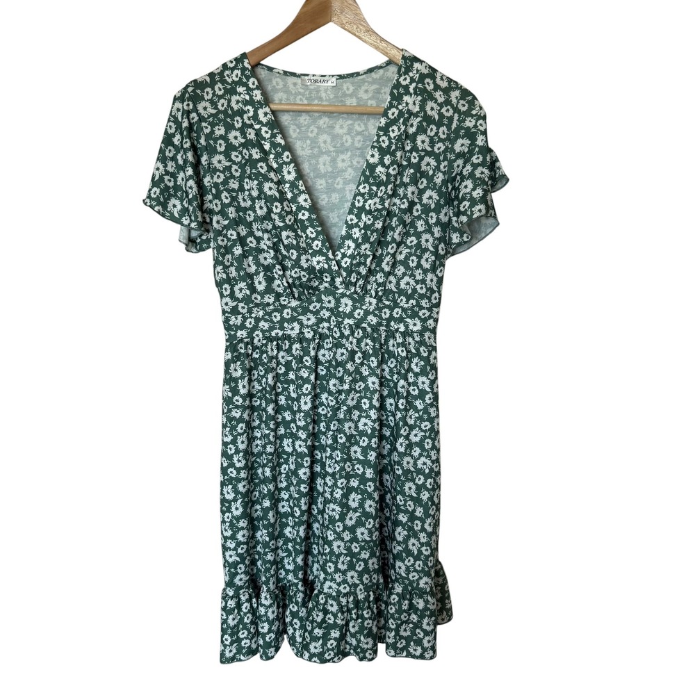 Torary Floral Mini Dress Womens Medium Green Exc. V-Neck Flutter Sleeve Boho